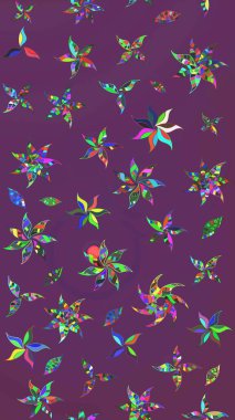 Düz Çiçek Elementleri Tasarım Raster illüstrasyonu. Renkli Bahar Teması eskiz kalıbı. Çiçek desenli eskiz. Mor ve yeşil renkte çiçekler.