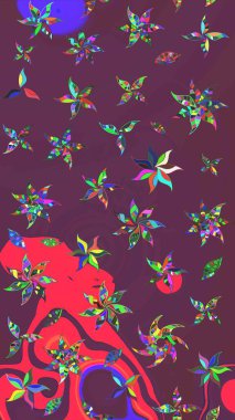 Çiçeksel kahverengi ve mor çizim deseni. Raster çiçek izi. Klasik taslak çizimi.