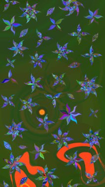 Çiçekli eskiz çizimi. Yeşil ve mavi renkte çiçekler. Renkli Yaz Temalı eskiz kalıbı. Düz Çiçek Elementleri Tasarımı.