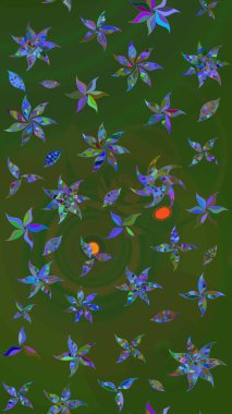 Çiçek desenli çizim. Raster illüstrasyonu. Asya tekstil tarzında. Yeşil ve mavi renkte çiçekler. Raster illüstrasyonu.