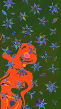 Nakış desenli çiçek deseni. Renkli grunge, koyu yeşil ve turuncu çiçeklerle soyut bir arka plan oluşturur. İzler, kumaş, duvar kağıtları, tekstil için raster dokusu.