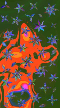 Yeşil ve turuncu renkli çiçekler. Gömlek baskısı için çiçek boyası. Çiçek eskiz kalıbı geçmişi.