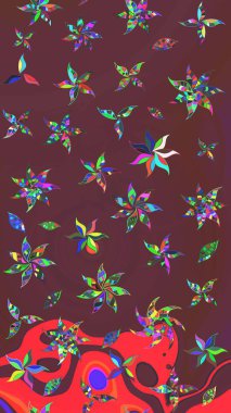 Tekstil için suluboya eskiz deseni. El çizimi çiçek çizimi deseni (fayans). Şirin çiçekleri, desenleri, kahverengi ve kırmızı renkleri olan renkli çizim deseni.