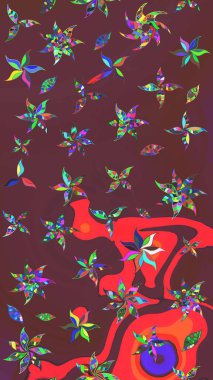 Düz Çiçek Elementleri Tasarımı. Raster illüstrasyonu. Kahverengi ve kırmızı renkte çiçekler. Renkli Bahar Teması eskiz kalıbı. Çiçekli çiçek deseni, suluboya..