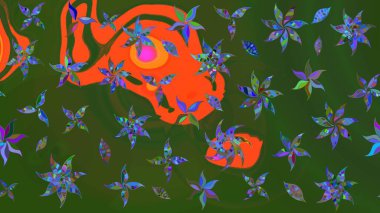 Çiçekli karalama şeklinde Raster çiçek deseni. Nazikçe, güzel çiçek arkaplanı. Yeşil ve turuncu renkte çiçekler.