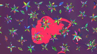 Raster illüstrasyonu. Şirin çiçekli eskiz deseni ve mor ve mor renkli yapraklar, suluboya çiçek deseni, duvar kağıdı, kart veya kumaş için fayanslı.