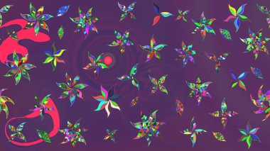 Moda baskıları için zarif bir şablon. Parlak renkli çiçekleri ve mor ve mor renkli yaprakları olan harika bir çiçek deseni. Modern çiçek arkaplanı. Halk stili.