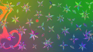 Moda baskıları için zarif bir şablon. Halk tarzı. Parlak renkli çiçekleri ve yeşil ve mavi renkli yaprakları olan harika bir çiçek deseni. Modern çiçek arkaplanı.