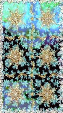 Raster geleneksel oryantasyon süsü. Kusursuz klasik altın desen. Altın elementlerle nötr ve mavi renklerde altın desen.