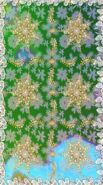 Antika altın tekrarlanabilir duvar kağıdı. Barok tarzında altın çiçek süsü. Yeşil ve nötr renklerde altın element. Damask arkaplanı tekrarlayan kusursuz desen.