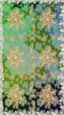 Yeşil ve nötr renklerde geleneksel, klasik, altın, pürüzsüz desen. Barok tarzında kusursuz bir doğulu süsü..