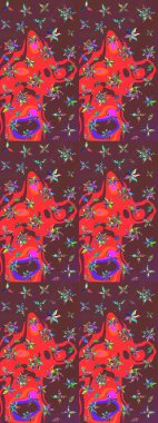 Kahverengi ve kırmızı renkte çiçekler. Hediye ambalaj kağıdı, tebrik kartları, posterler ve pankart tasarımı. Raster düz çiçek çizim deseni.