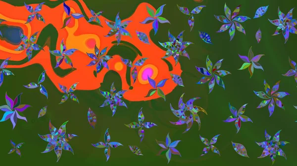 Manzaralı çiçek deseni. Çiçek kompozisyonu, el boyası, hassas şablon. Üst manzara, yumuşak yeşil ve turuncu renkli. Sevgililer günü ve tebrik kartı konsepti için şık bir davet.