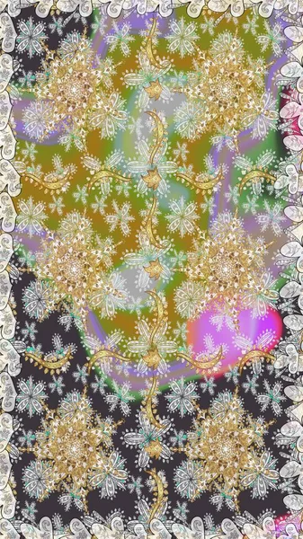 Gri ve nötr renklerde altın element. Altın desenli çiçek dekoru. Doğu tarzı element. Davetiyeler, kartlar, web sayfası için Raster illüstrasyon. Çizgi sanatı tasarım şablonu için sınırsız sınır.