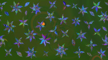 Raster illüstrasyonundaki çiçek desenli çizim. Suluboya tarzında yeşil ve mavi renkte çiçekler.