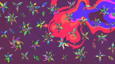 Çocuksu tasarım. Mor ve pembe arka planda. Elle çizilmiş çiçek desenli Raster çizimi. Tekstil, kumaş, ambalaj, hatıra defteri için güzel çiçek arkaplanı..