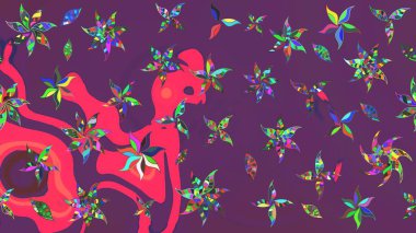 Raster - stok. Yapraklı çiçekler ve mor ve pembe renklerde papatya çiçekleri. Taslak arkaplan deseni.