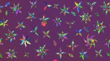 Mor ve yeşil renkli çiçekler. Raster düz çiçek çizim deseni. Tasarım hediye paketi, tebrik kartları, posterler ve afiş tasarımı.