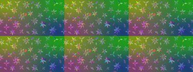 Renkli Bahar Teması eskiz kalıbı. Düz Çiçek Elementleri Tasarımı. Yeşil ve mavi renkte çiçekler. Raster illüstrasyonunda çiçek deseni çizimi.