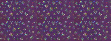 Çiçek ve yapraklı karalama şeklinde Raster çiçek deseni. Raster illüstrasyonu. Mor ve mor renkte bahar çiçekleri..