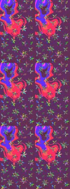 Çocuksu tasarım. Mor ve pembe arka planda. Elle çizilmiş çiçek desenli Raster çizimi. Tekstil, kumaş, ambalaj, hatıra defteri için güzel çiçek arkaplanı..