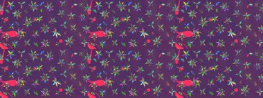 Küçük çiçekte hoş bir çiçek deseni var. Mor ve mor renkli parlak çiçekli soyut çizim deseni. Çiçek elementli zarif raster dokusu..