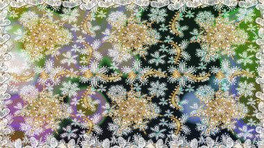 Gri ve nötr renklerde altın elementlerle kusursuz desen. Raster illüstrasyonu. Klasik klasik klasik arka plan. Kusursuz klasik raster altın desenli. Geleneksel oryantasyon süsü.