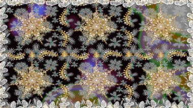 Kına dövmeli süs çiçekleri, altın çıkartmalar, mehndi ve yoga tasarımı, kartlar ve parmak izleri. Raster Golden Mehndi kusursuz desen. Gri ve siyah renkte desen.