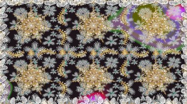 Paisley 'ler zarif çiçek desenli arkaplan duvar kâğıdı çizimleri. Klasik stil, güzel, üç boyutlu sanat eseri, altın ve gri desenli çiçek yaprakları ve süslemeleri var..