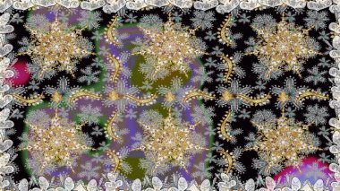 Tekrarlayan elementlerle kusursuz soyut arkaplan. Klasik raster şablonu. Gri, siyah ve altın desenli.