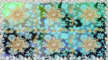 Tarafsız ve altın elementli mavi renklerde altın desen. Barok tarzında duvar kağıdı tasarımı için kusursuz damaske deseni arkaplanı. Süslü raster dekorasyonu.