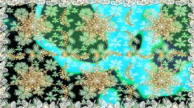 Hassas altın deseni açın. Tarafsız ve yeşil renklerde altın elementlerle kusursuz desen. Doğu tarzı arabesk. Dantelli, stilize çiçekler, şal desenli. Kusursuz altın desenli bukleler. Raster..