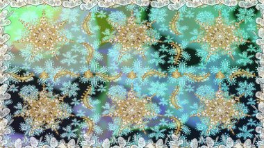 Tarafsız ve altın elementli mavi renklerde altın desen. Barok tarzında duvar kağıdı tasarımı için kusursuz damaske deseni arkaplanı. Süslü raster dekorasyonu.