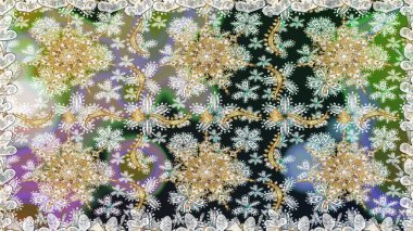 Gri ve nötr renklerde altın elementlerle kusursuz desen. Raster illüstrasyonu. Klasik klasik klasik arka plan. Kusursuz klasik raster altın desenli. Geleneksel oryantasyon süsü.