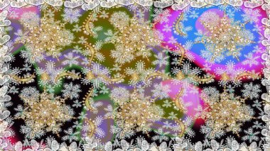 Altın antika ortaçağ dekoratifi, yapraklar ve gri ve nötr renklerde altın desenli süslemeleri olan dikişsiz bir şablon. Kusursuz kraliyet lüksü, altın barok kumaş rengi..