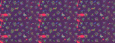 Küçük çiçekte hoş bir çiçek deseni var. Mor ve mor renkli parlak çiçekli soyut çizim deseni. Çiçek elementli zarif raster dokusu..