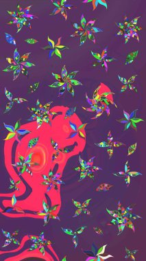 Kumaş, tekstil, duvar kağıdı baskısı için. Renkli desenli eskiz deseni, mor ve pembe çiçekler ve dekoratif elementler. Raster illüstrasyonu. Eski usul. Taslak arkaplan.