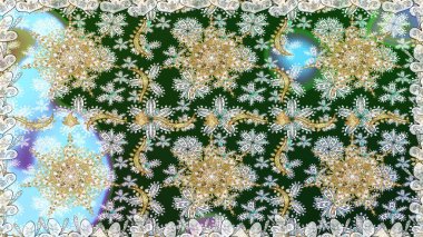 Kusursuz kraliyet lüksü, altın barok kumaş rengi. Altın antika ortaçağ dekoratifi, yapraklar ve altın desenli süslemelerle renksiz ve mavi renklerde..