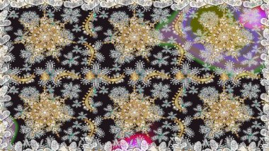 Paisley 'ler zarif çiçek desenli arkaplan duvar kâğıdı çizimleri. Klasik stil, güzel, üç boyutlu sanat eseri, altın ve gri desenli çiçek yaprakları ve süslemeleri var..