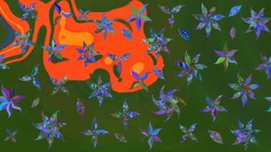 Soyut etnik raster çizim kalıbı. Kabile sanatı boho baskısı, klasik çiçek arkaplanı. Arkaplan dokusu, duvar kağıdı, yeşil ve turuncu renkli çiçek teması.