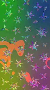 Raster illüstrasyonundaki çiçek desenli çizim. Yeşil ve mavi renkte çiçekler.