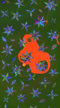 Sevimli çiçek raster deseni. Yeşil ve turuncu renkli çiçekler. Renkli Yaz Temalı eskiz kalıbı. Düz Çiçek Elementleri Tasarımı.