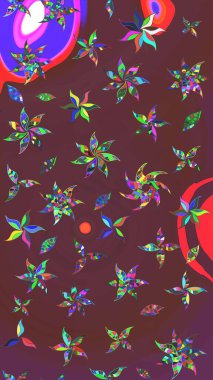 Raster Floral Illustration, Asyalı tekstil. Kahverengi ve menekşe renkleri üzerinde etnik çiçekler olan zarif eskiz deseni.