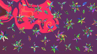 Suluboya elle çizilmiş çiçek desenli eskiz deseni. Parlak renkli fantezi çiçekleri, yapraklar, mor ve pembe renkli tomurcuklar mor ve pembe.