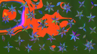 Yeşil ve turuncu renkli çiçekler. Hediye ambalaj kağıdı, tebrik kartları, posterler ve pankart tasarımı. Raster düz çiçek çizim deseni.