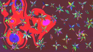 Raster deseni. Bahar çiçekleri dallı desen, kahverengi ve kırmızı renkler çiçekli siluet.