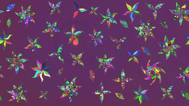 Moda baskıları için zarif bir şablon. Parlak renkli çiçekleri olan ve mor ve yeşil renkte yaprakları olan harika bir çiçek deseni. Modern çiçek arkaplanı. Halk stili.