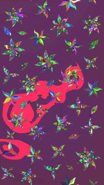 Moda baskıları için zarif bir şablon. Modern çiçek arkaplanı. Parlak renkli çiçekleri olan ve mor ve pembe renkte yaprakları olan harika bir çiçek deseni. Halk stili.