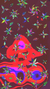 Renkli Bahar Teması eskiz kalıbı. Düz Çiçek Elementleri Tasarımı. Raster illüstrasyonundaki çiçek desenli çizim. Kahverengi ve kırmızı renkte çiçekler.