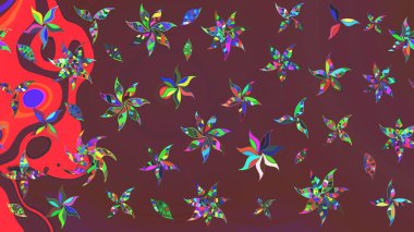 Tekstil için suluboya eskiz deseni. El çizimi çiçek çizimi deseni (fayans). Şirin çiçekleri, desenleri, kahverengi ve kırmızı renkleri olan renkli çizim deseni.